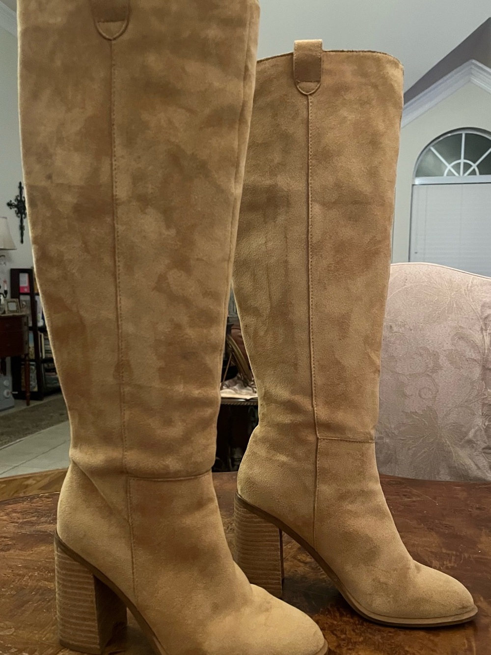 Altar'd State Tall Suede Knee-High Block Heel Boots in Camel
